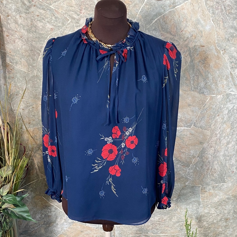 Joie silk shirt top blouse tunic peasant blouse ruffle tie sheer sleeve